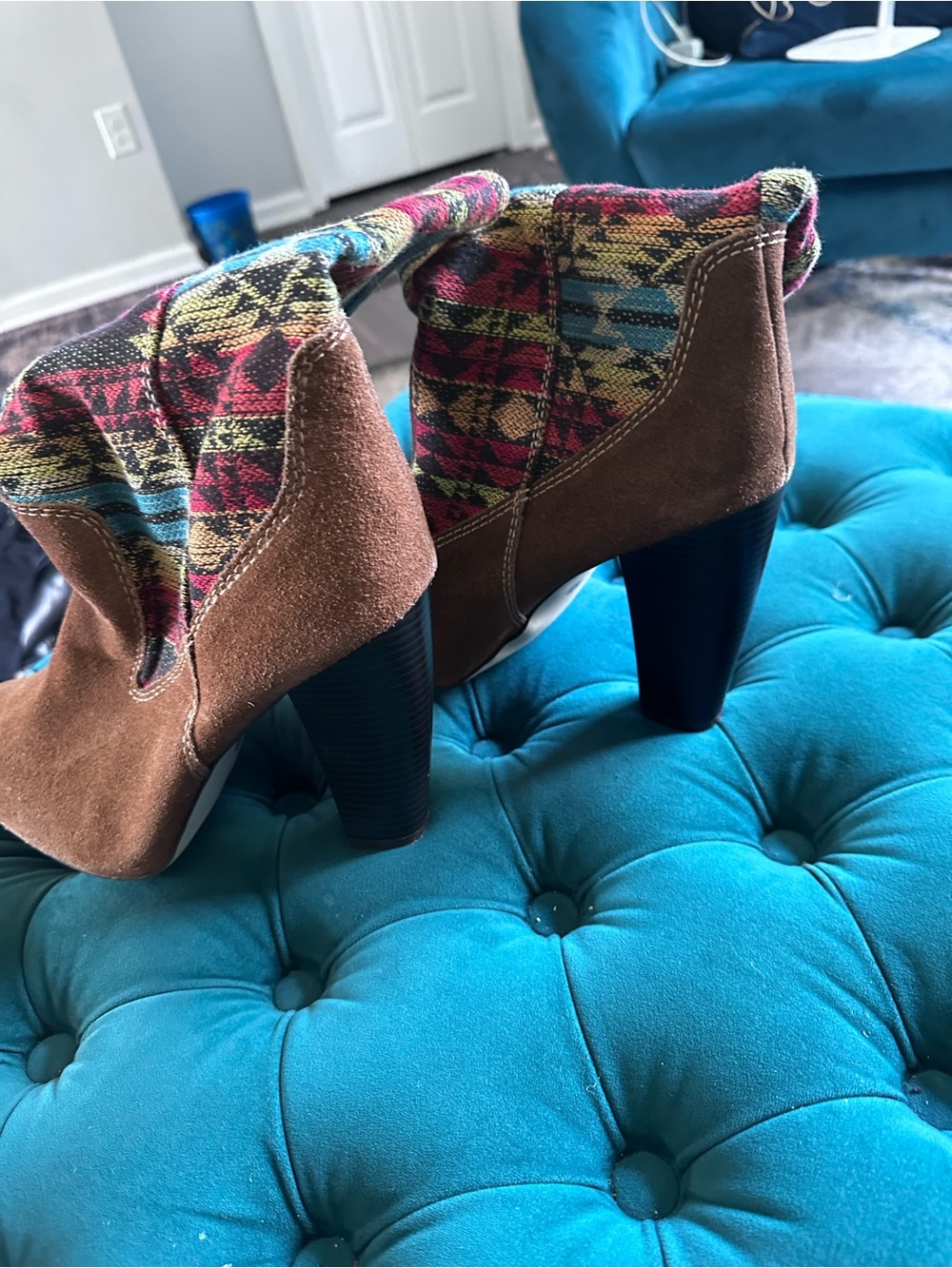 Women's Brown Suede Ankle Booties with Multicolor Knit Cuff
